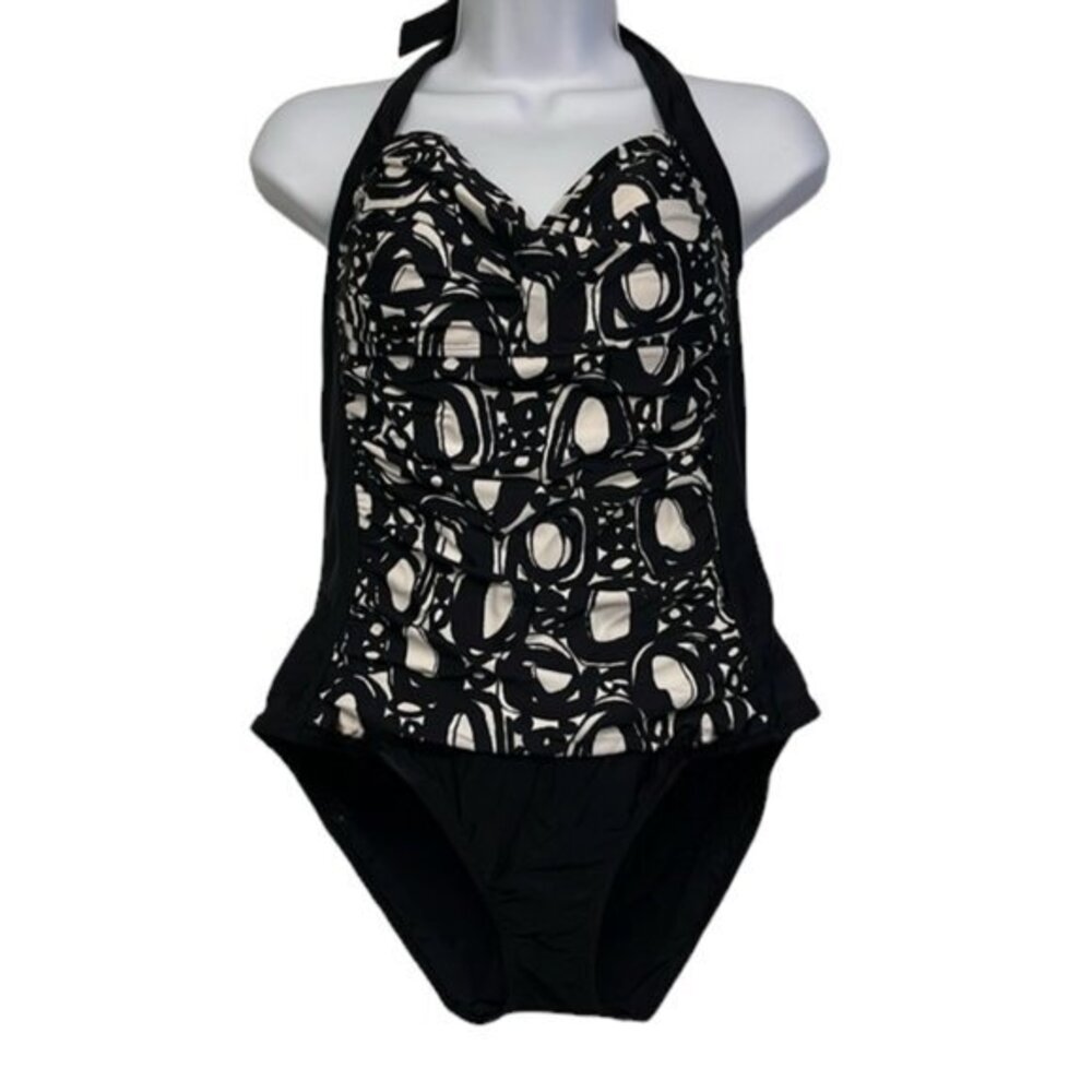 La Blanca Black/White Floral Halter Ruched Shirred Swimwear Size 12 EUC #7558 - Picture 1 of 11